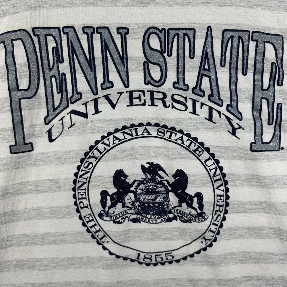 Vintage 90s Penn State Spellout Crest‎ Striped T-Shirt Mens L Made In USA Grey - Picture 4 of 8